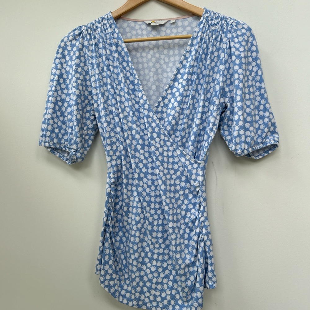 Boden blue bubble dot spotted deep v neck faux wrap blouse shirt side ruching